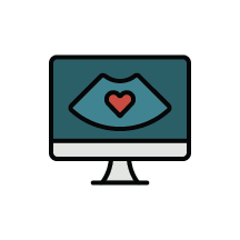 Icon of a desktop computer screen monitor with a heart icon displayed on the screen, Echocardiogram (Echo)