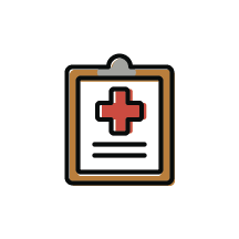 Icon of a clipboard with a piece of paper on it with the medical red cross symbol, Health and Medical Questions