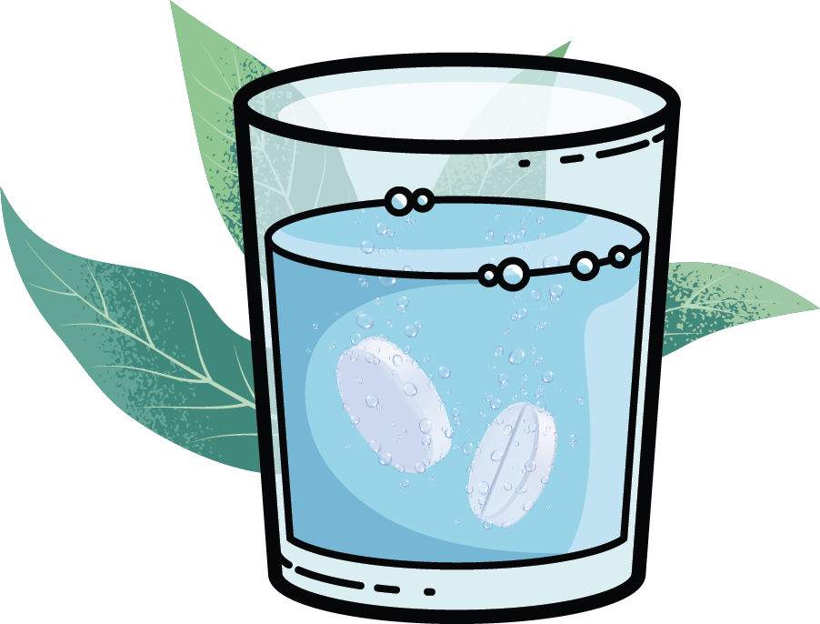 Illustrated image of a glass of water with two pills for the AspireTOO Study for Fabry disease inside it.